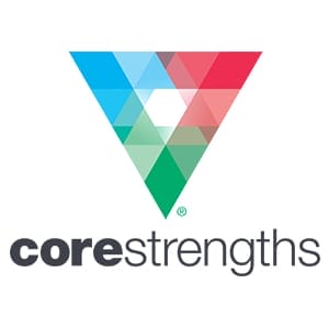 A colorful triangular mosaic logo with the text "core strengths" below it.