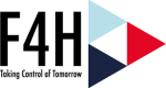 F4H logo with the tagline "Taking Control of Tomorrow" beneath it. The logo features a triangular design in light blue, navy blue, and red.