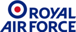 Royal Air Force logo with a blue circle featuring a red dot in the center, accompanied by the text "ROYAL AIR FORCE" in blue capital letters.